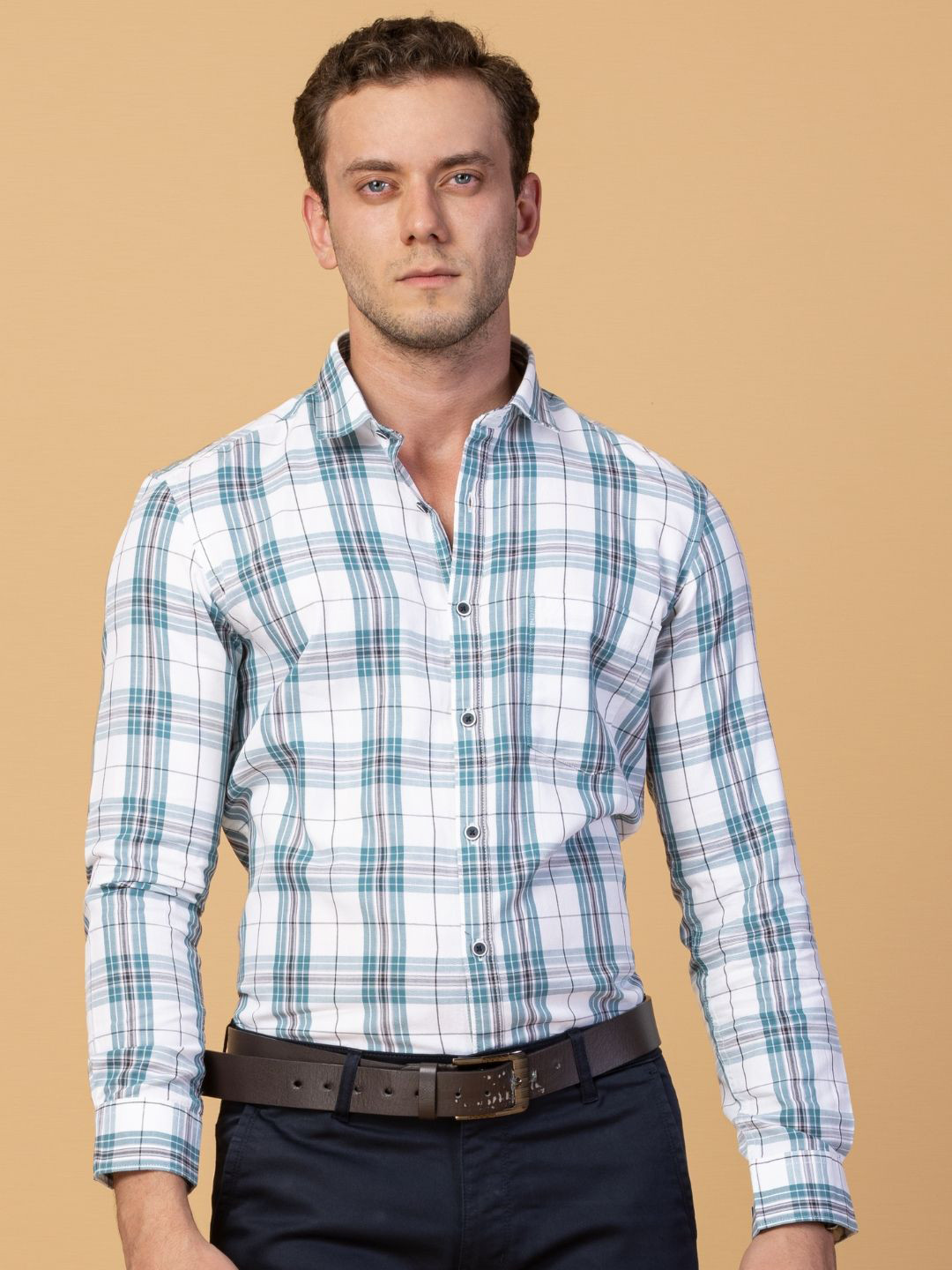 

USMC Men Smart Spread Collar Tartan Checked Cotton Slim Fit Casual Shirt, White