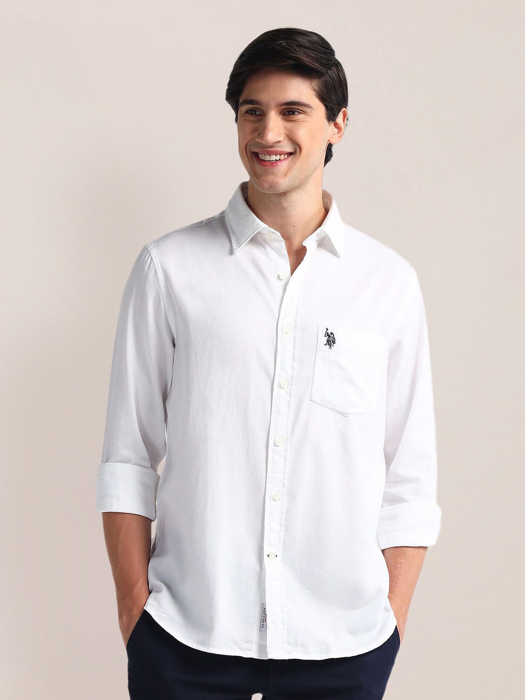 

U.S. Polo Assn. Men Classic Spread Collar Solid Cotton Casual Shirt, White