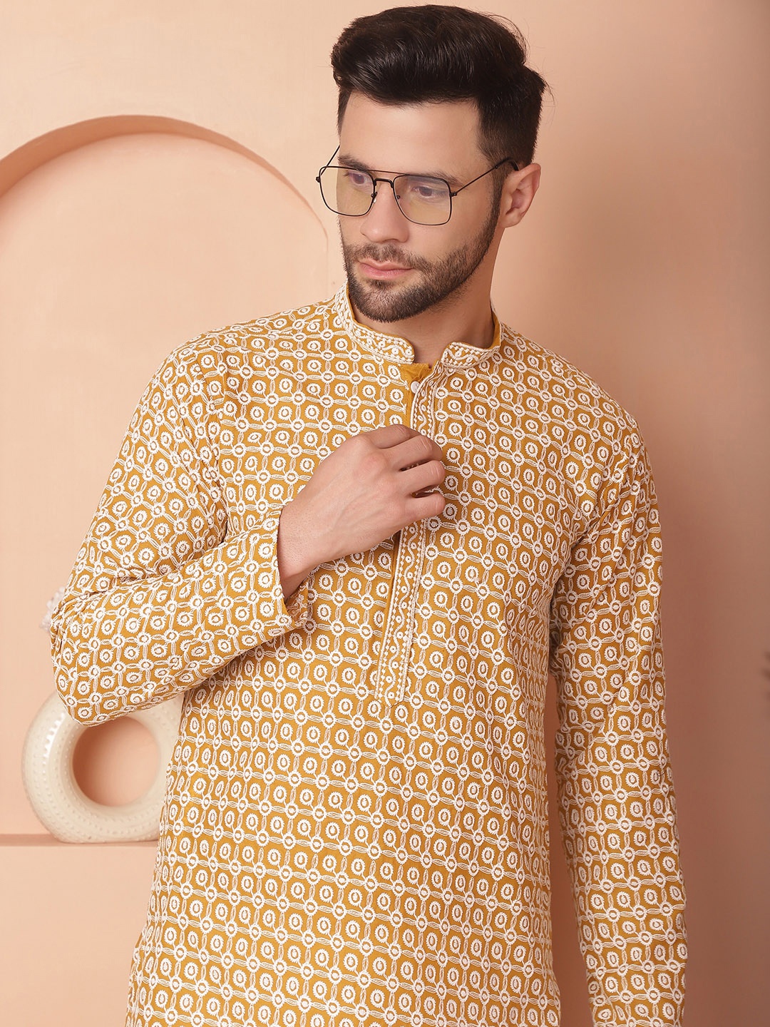 

Jompers Geometric Printed Mandarin Collar Long Sleeves Cotton Thread Work Kurta, Mustard