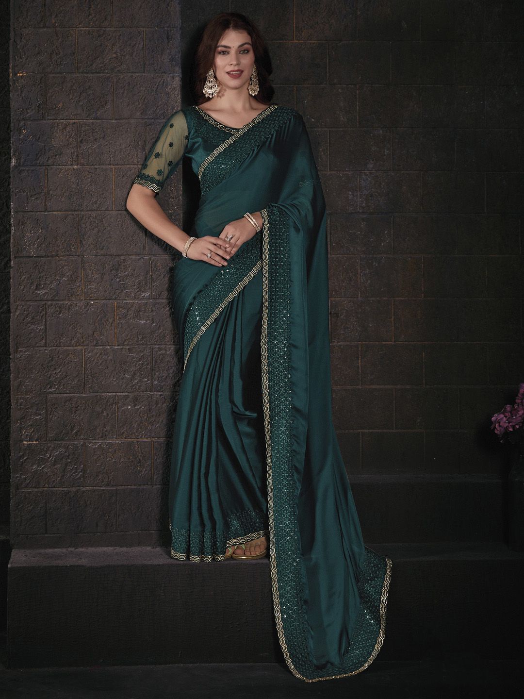 

Anouk Ethnic Motifs Beads and Stones Pure Chiffon Saree, Green