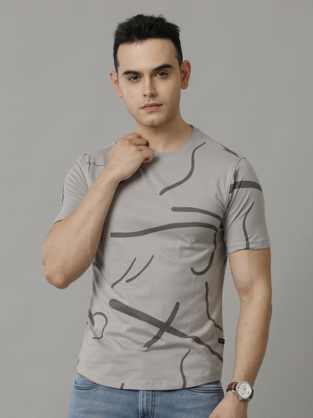 

Voi Jeans Men Abstract Printed Round Neck Cotton T-Shirt, Grey