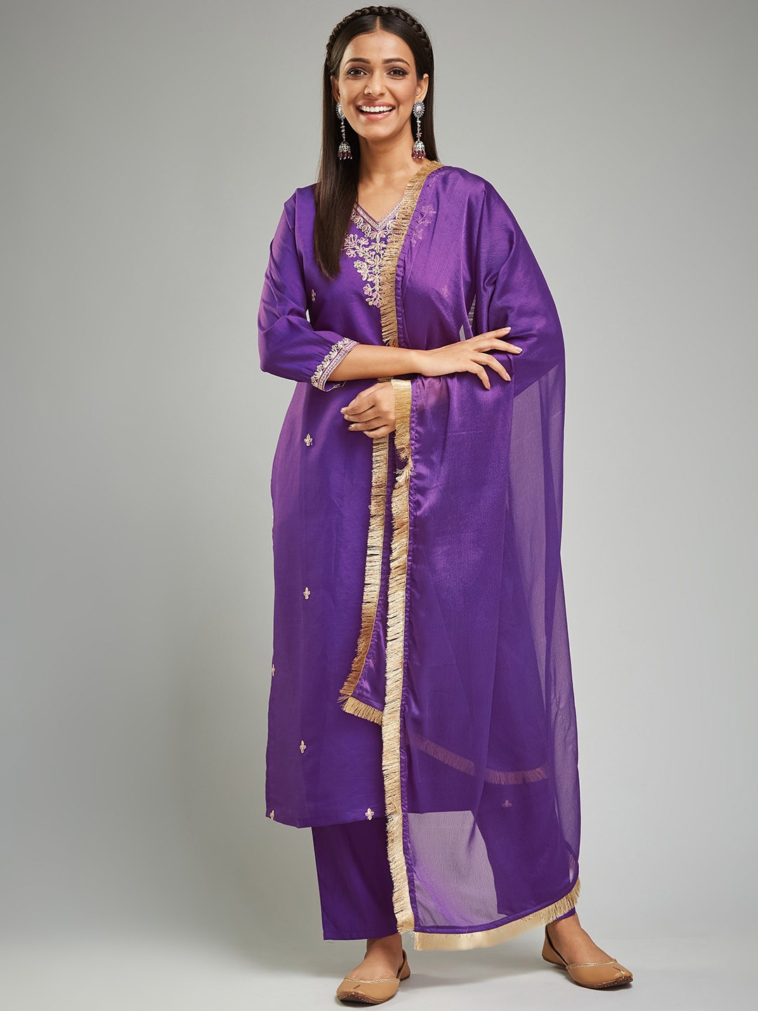

KALINI Floral Embroidered Straight Kurta with Trousers & Dupatta, Purple