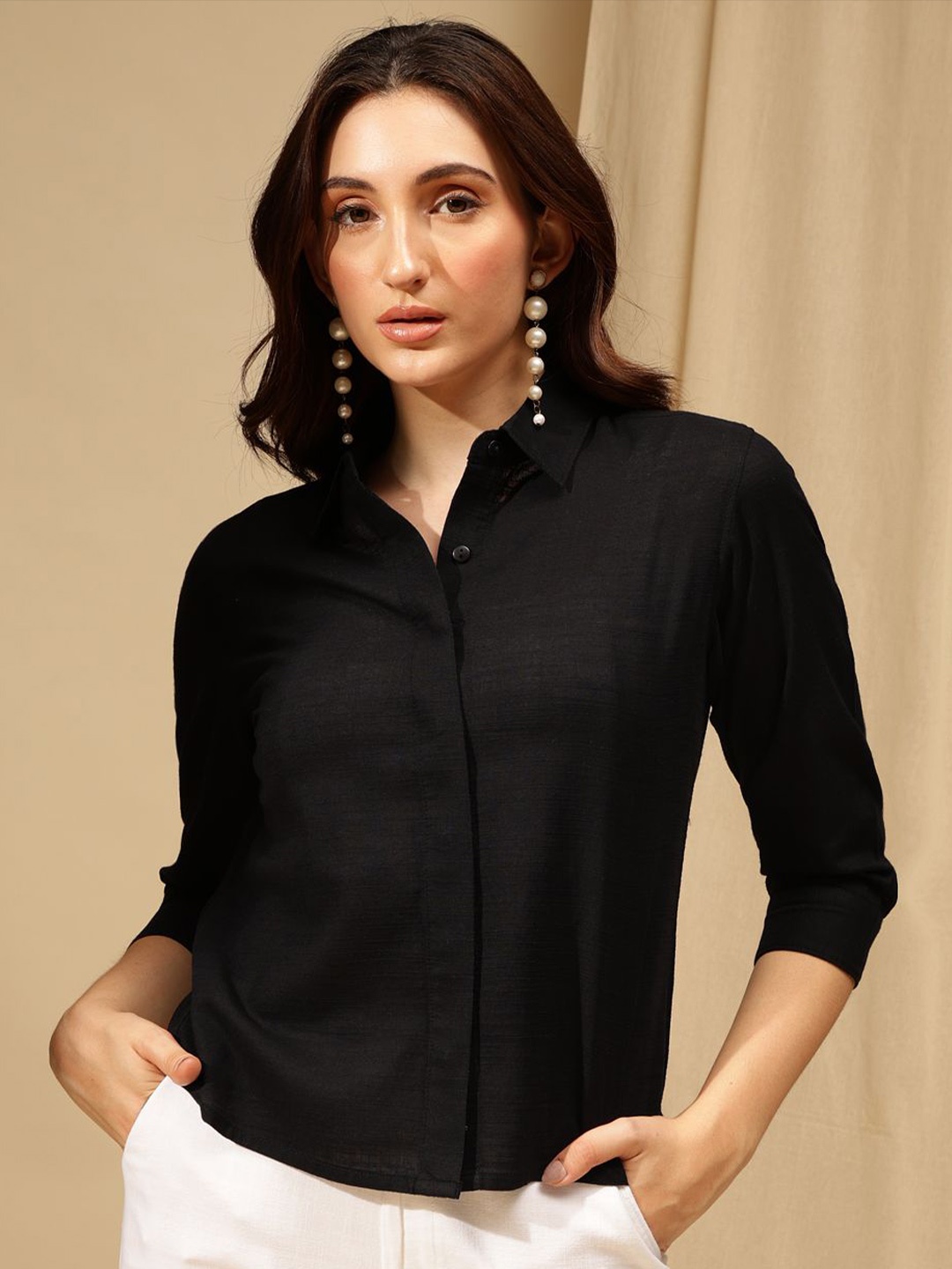 

Xpose Women Comfort Spread Collar Solid Cotton Semiformal Shirt, Black