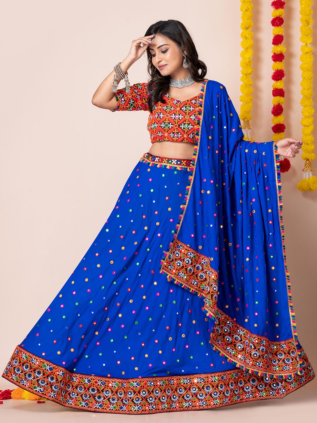 

Roykals Embroidered Mirror Work Semi-Stitched Lehenga & Unstitched Blouse With Dupatta, Blue