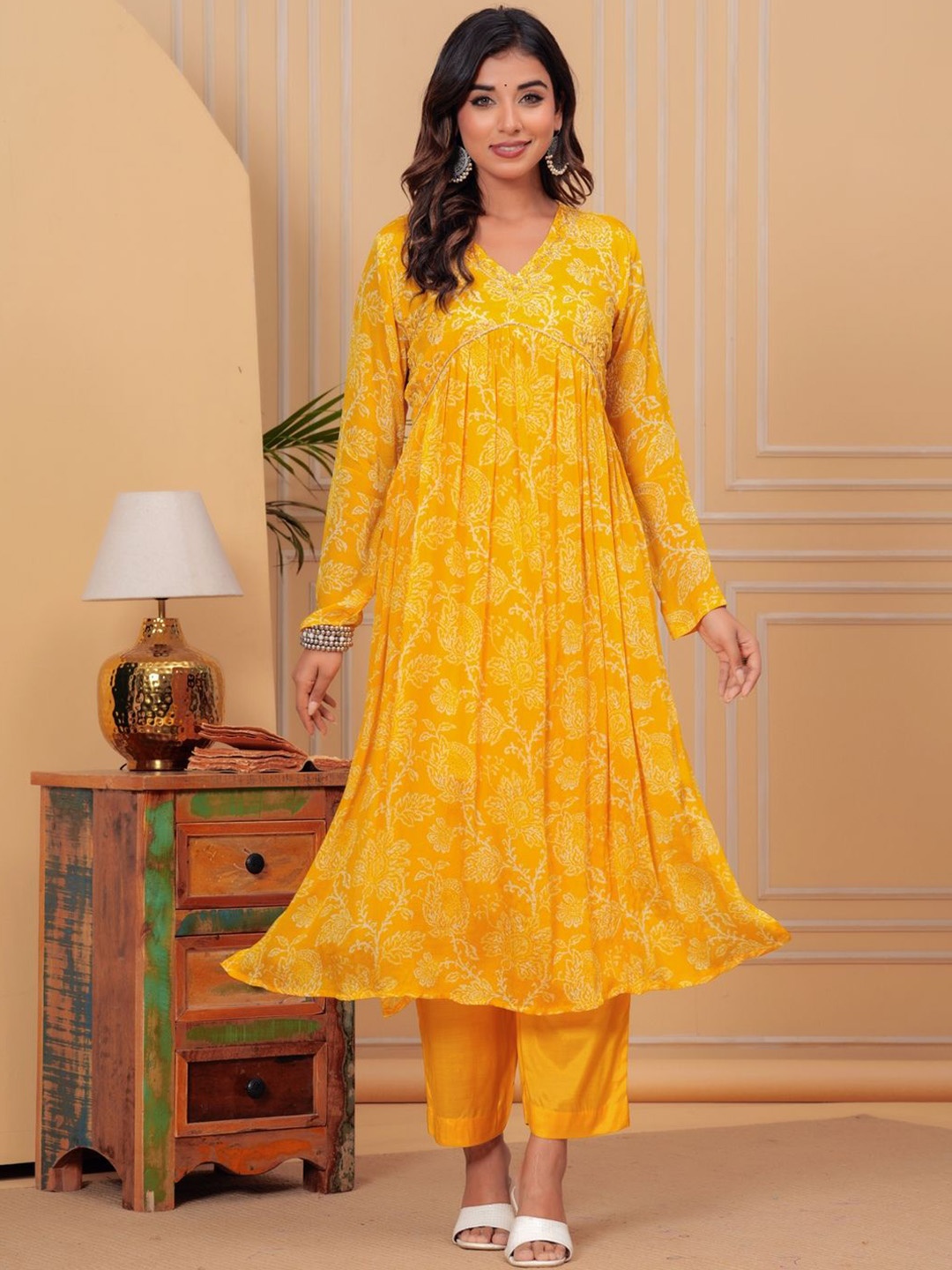 

KALINI Floral Printed Empire Gotta Patti Kurta with Trousers, Mustard