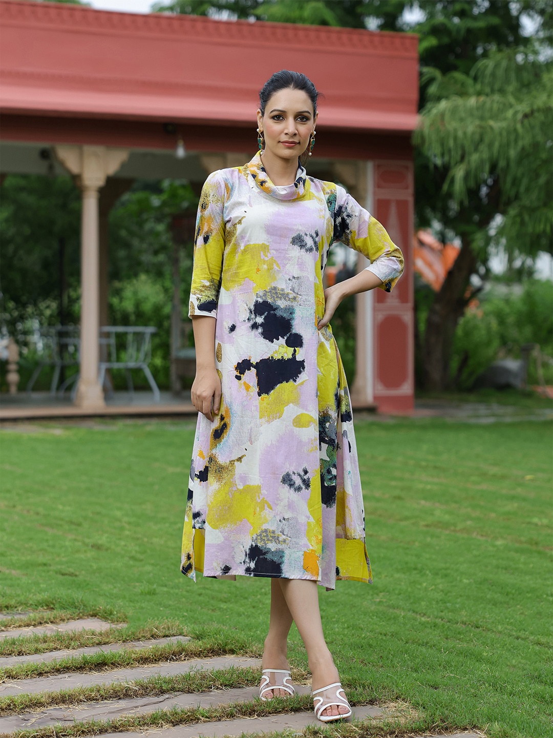 

FASHOR Printed A-Line Midi Dress, Off white