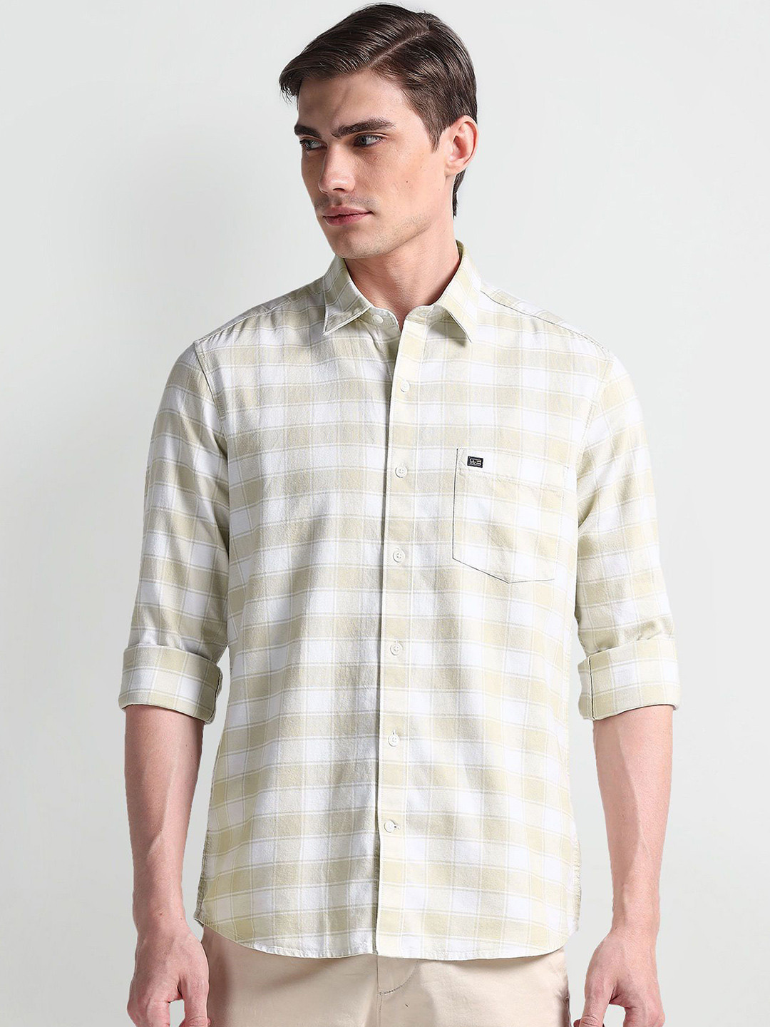 

Arrow Sport Men Smart Spread Collar Tartan Checked Cotton Slim Fit Casual Shirt, Beige