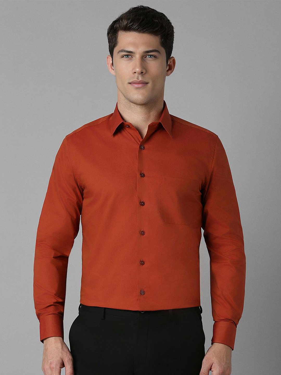 

Louis Philippe Men Spread Collar Solid Cotton Slim Fit Formal Shirt, Red