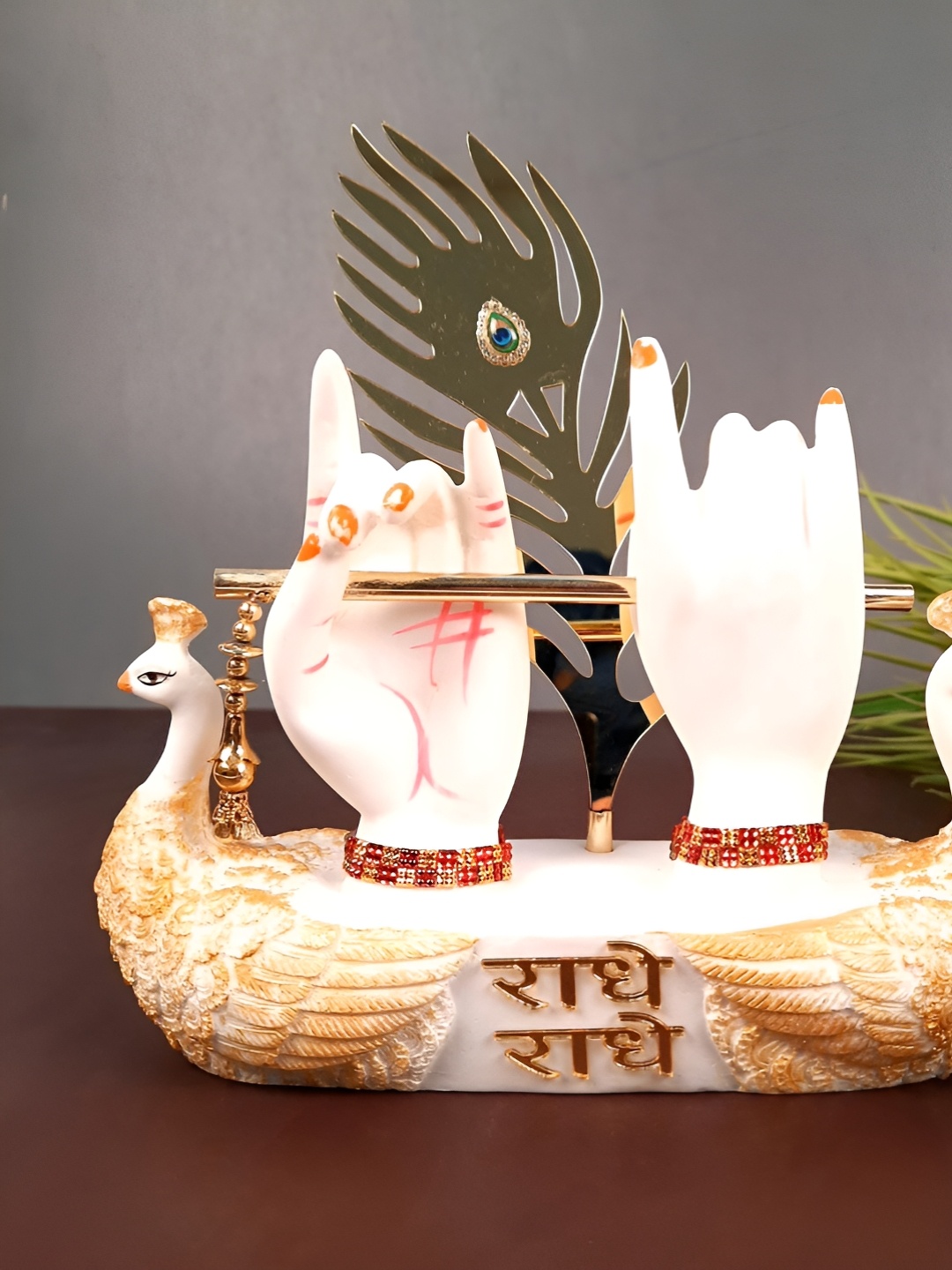 

apka mart White & Gold Toned Radha Krishna Hand Statue with Flute Idol Showpiece