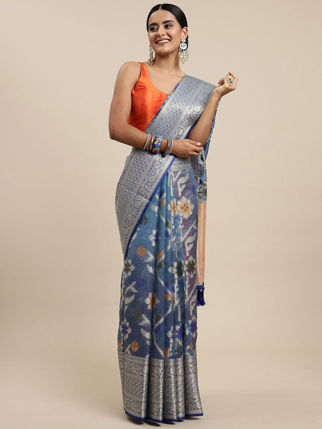 

KIMISHA Woven Design Zari Organza Kanjeevaram Saree, Blue