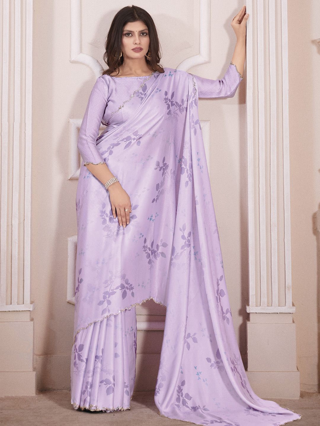 

Anouk Floral Beads and Stones Satin Saree, Lavender