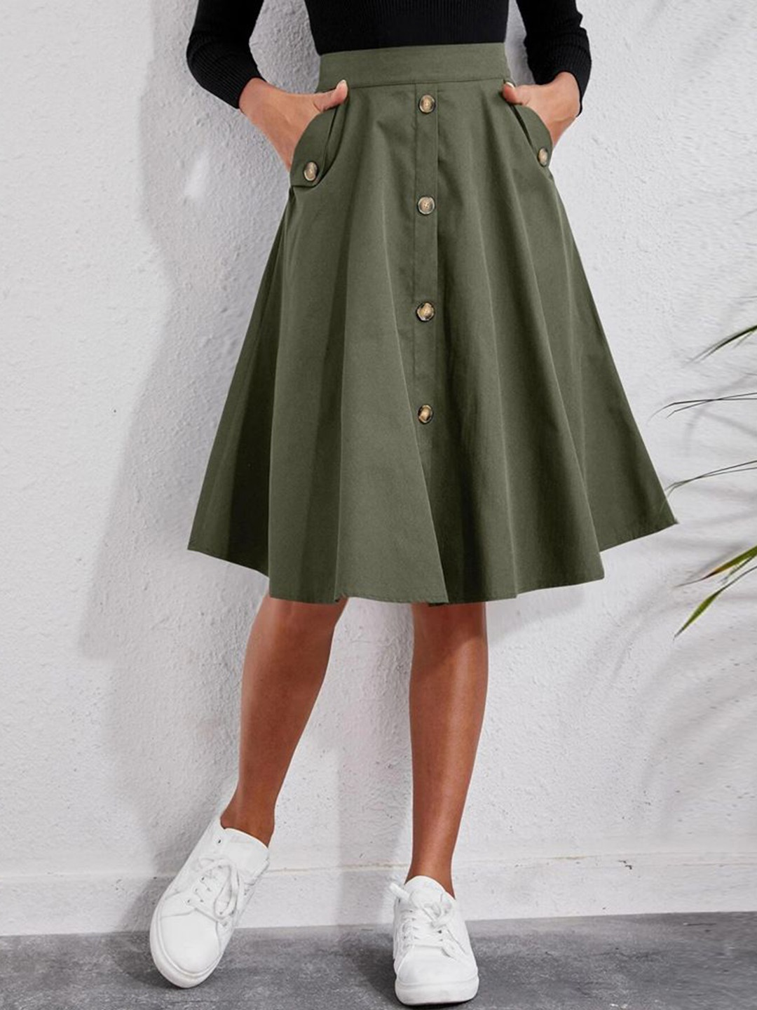 

StyleCast Solid A-Line Pure Cotton Knee Length Skirts, Olive