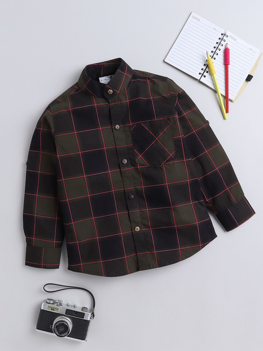 

BAATCHEET Boys Band Collar Tartan Checked Cotton Casual Shirt, Green