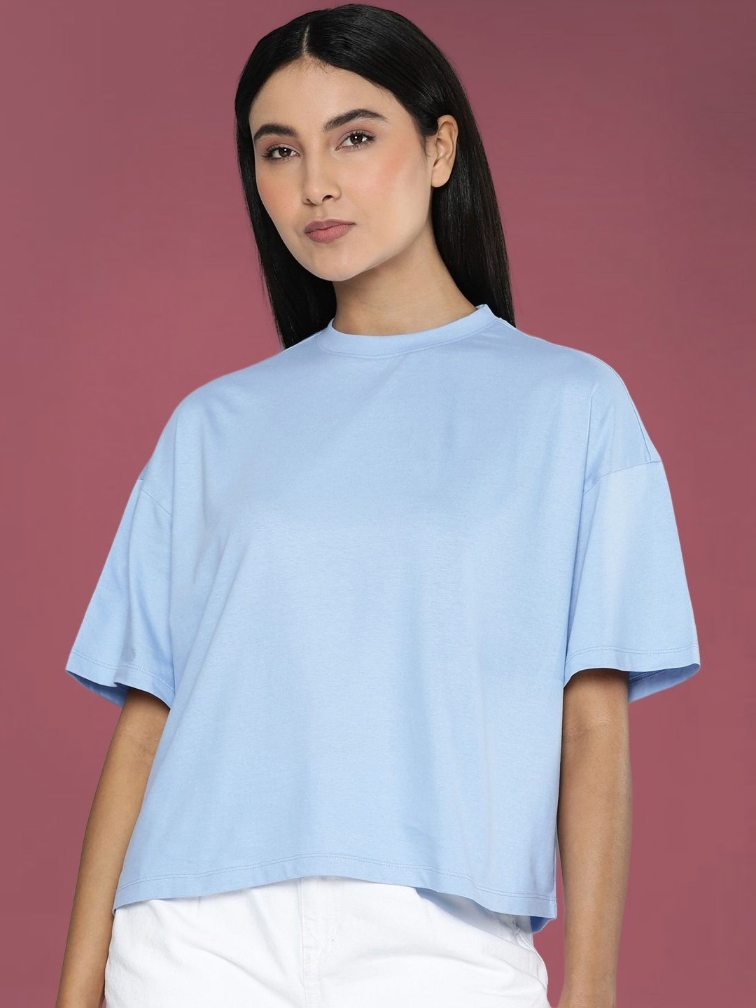 

DressBerry Women Drop-Shoulder Sleeves Boxy T-shirt, Blue