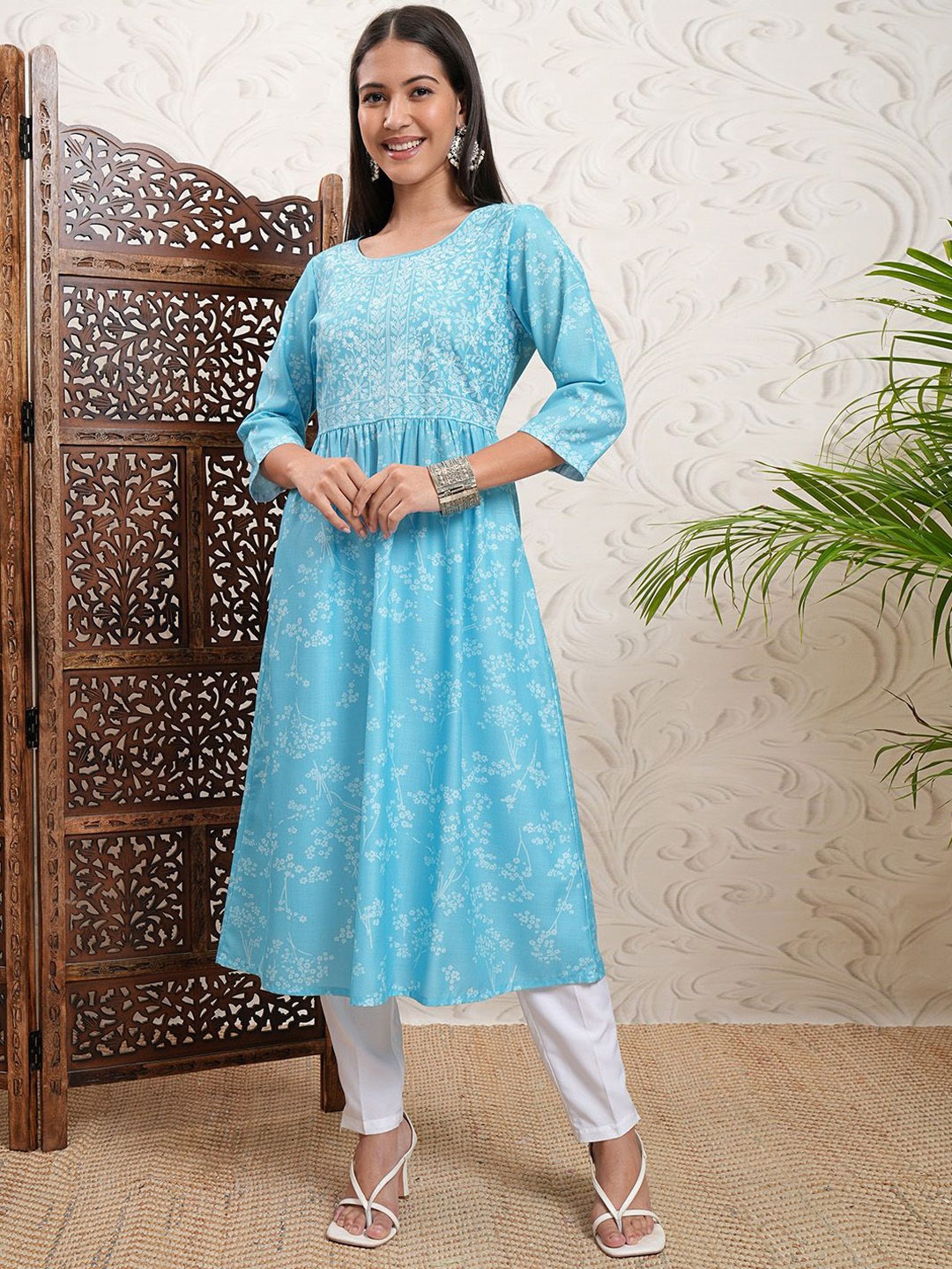 

Vishudh Blue Floral Printed Round Neck Gathered Waist A-Line Kurta