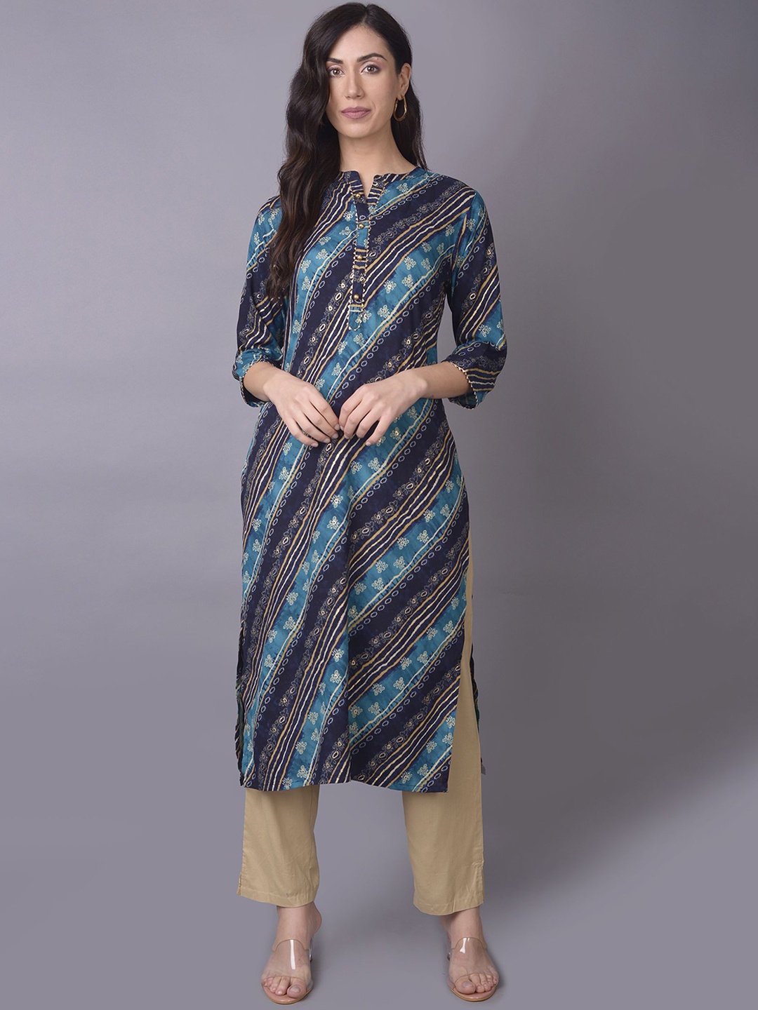 

Shree Ethnic Motifs Printed Mandarin Collar Three-Quarter Sleeves Liva Straight Kurta, Teal