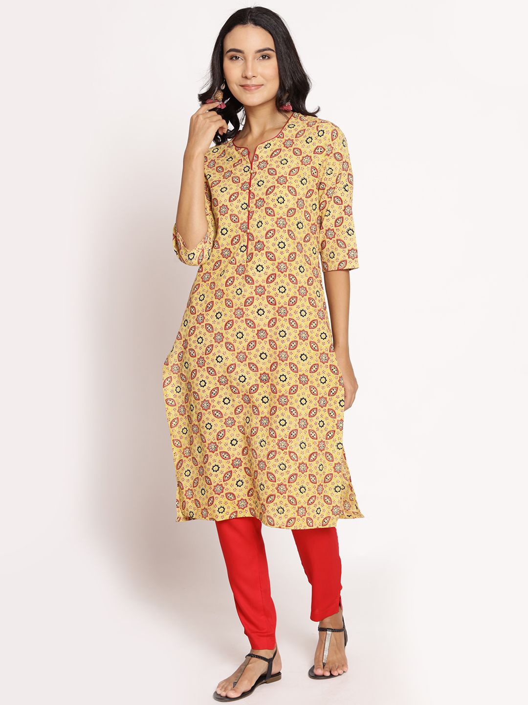 

Shree Ethnic Motifs Printed Cotton Straight Kurta, Yellow