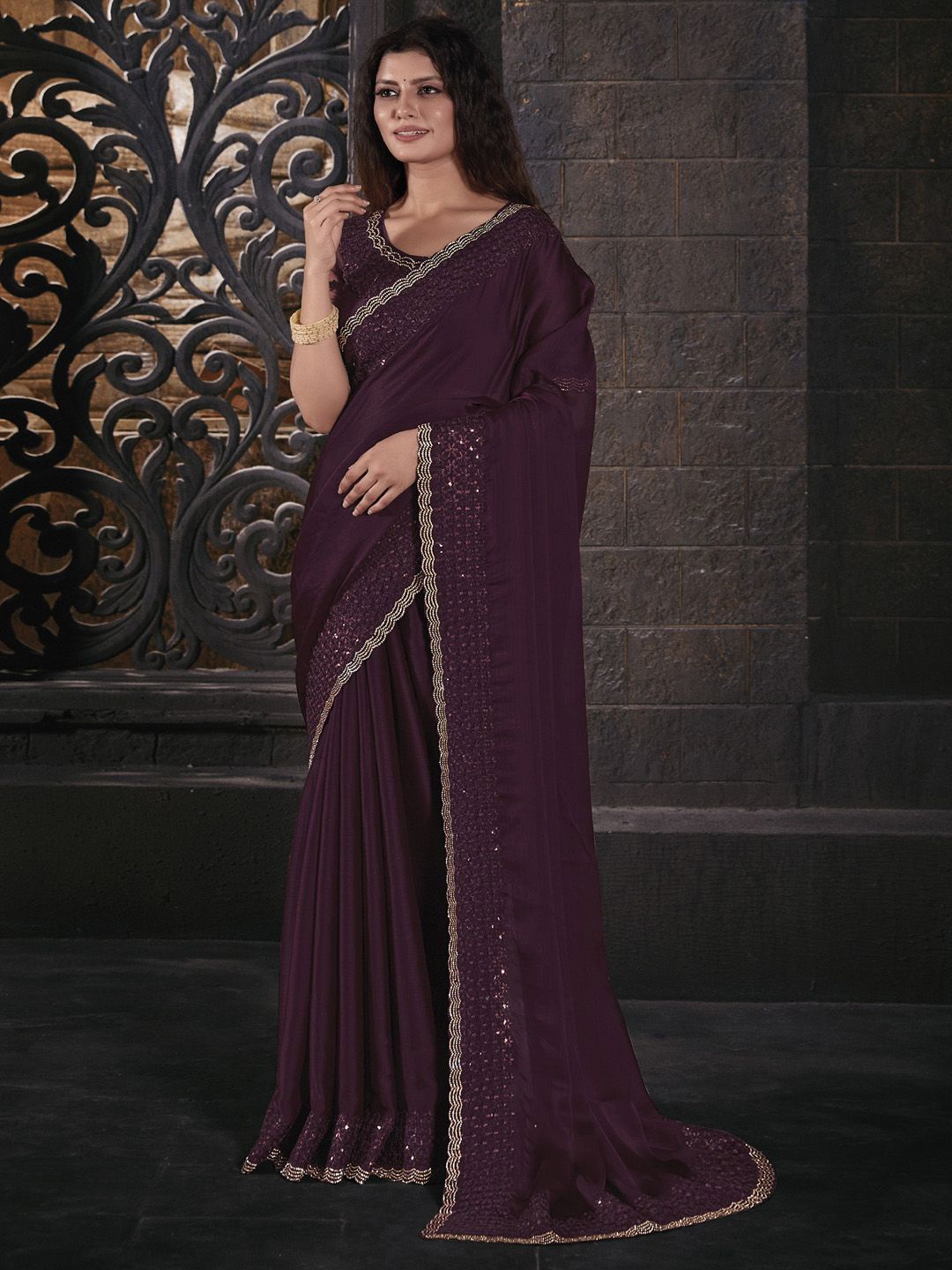 

Anouk Ethnic Motifs Embellished Beads and Stones Pure Chiffon Saree, Burgundy