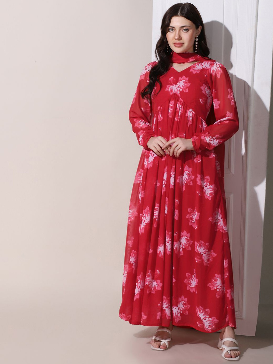 

BAESD Floral Printed Empire Maxi Ethnic Dress With Dupatta, Red
