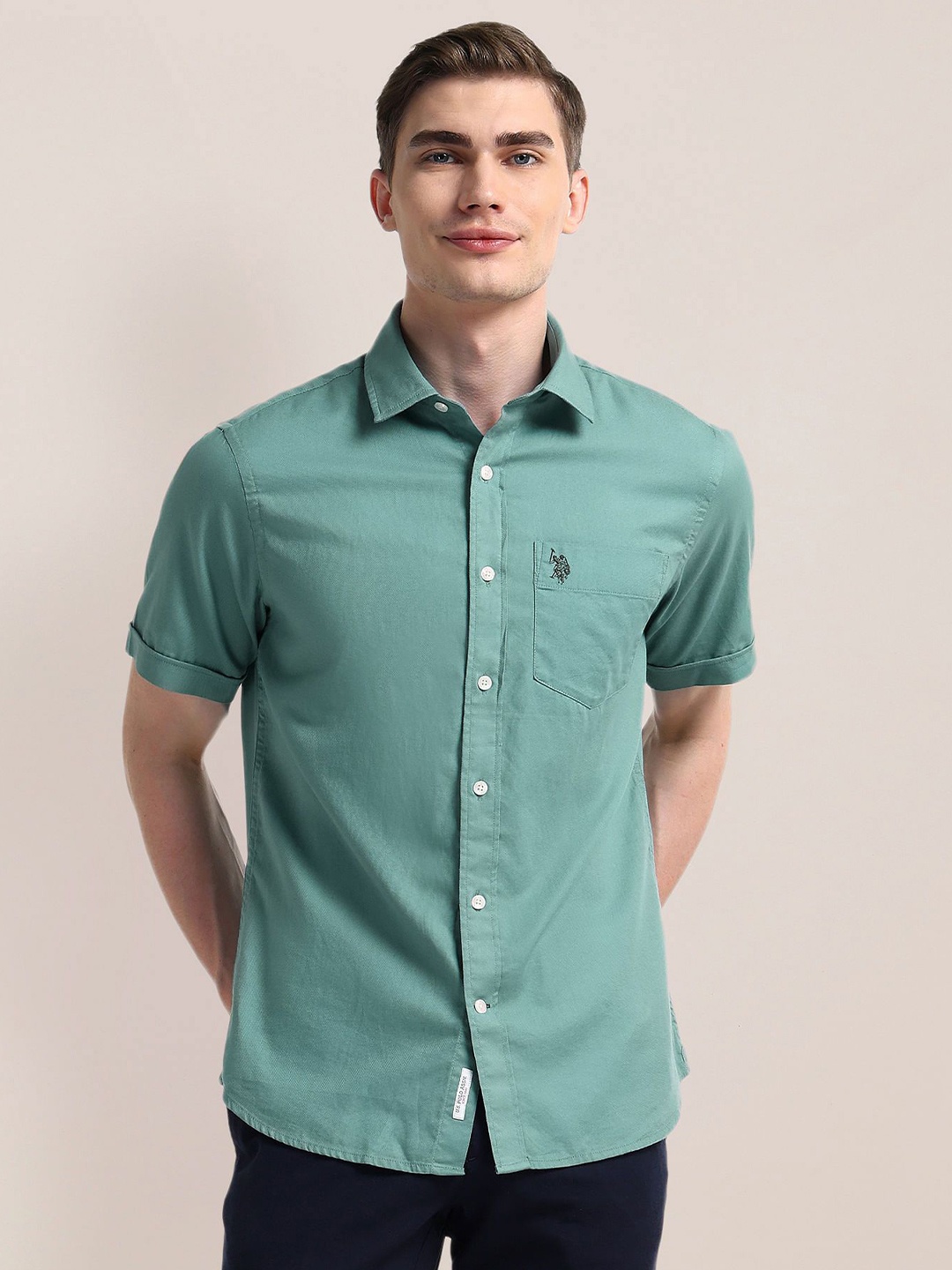 

U.S. Polo Assn. Men Classic Spread Collar Solid Cotton Casual Shirt, Green