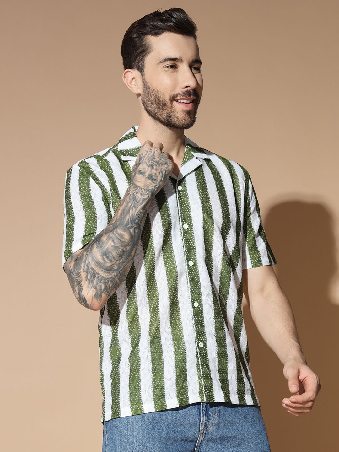 

GLITO Men Modern Cuban Collar Multi Striped Cotton Relaxed Fit Casual Shirt, Green