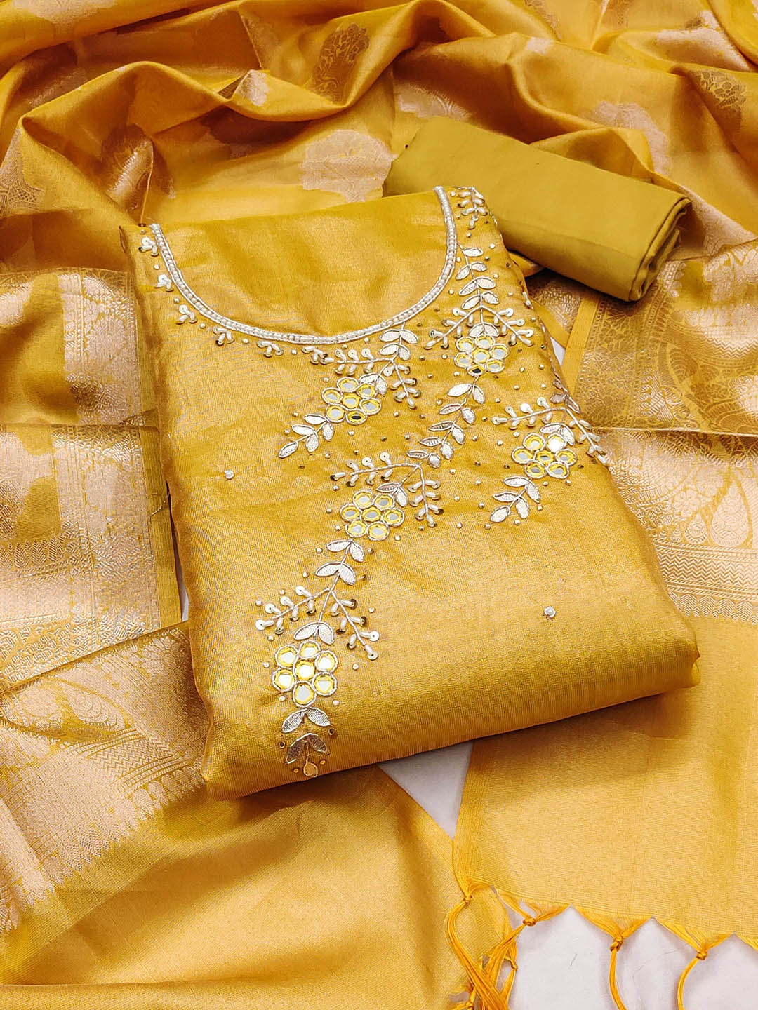

KALINI Floral Embellished Beads and Stones Unstitched Dress Material, Yellow