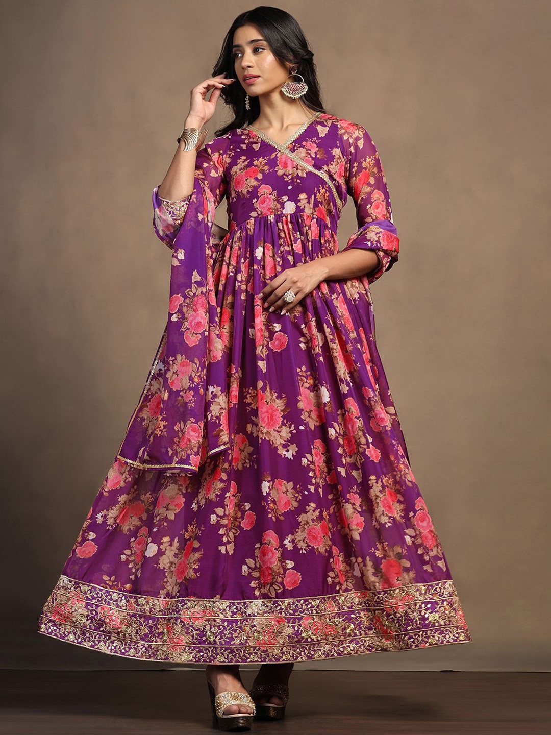 

FASHION DREAM Women Floral Printed Maxi Ethnic Dress With Dupatta, Purple