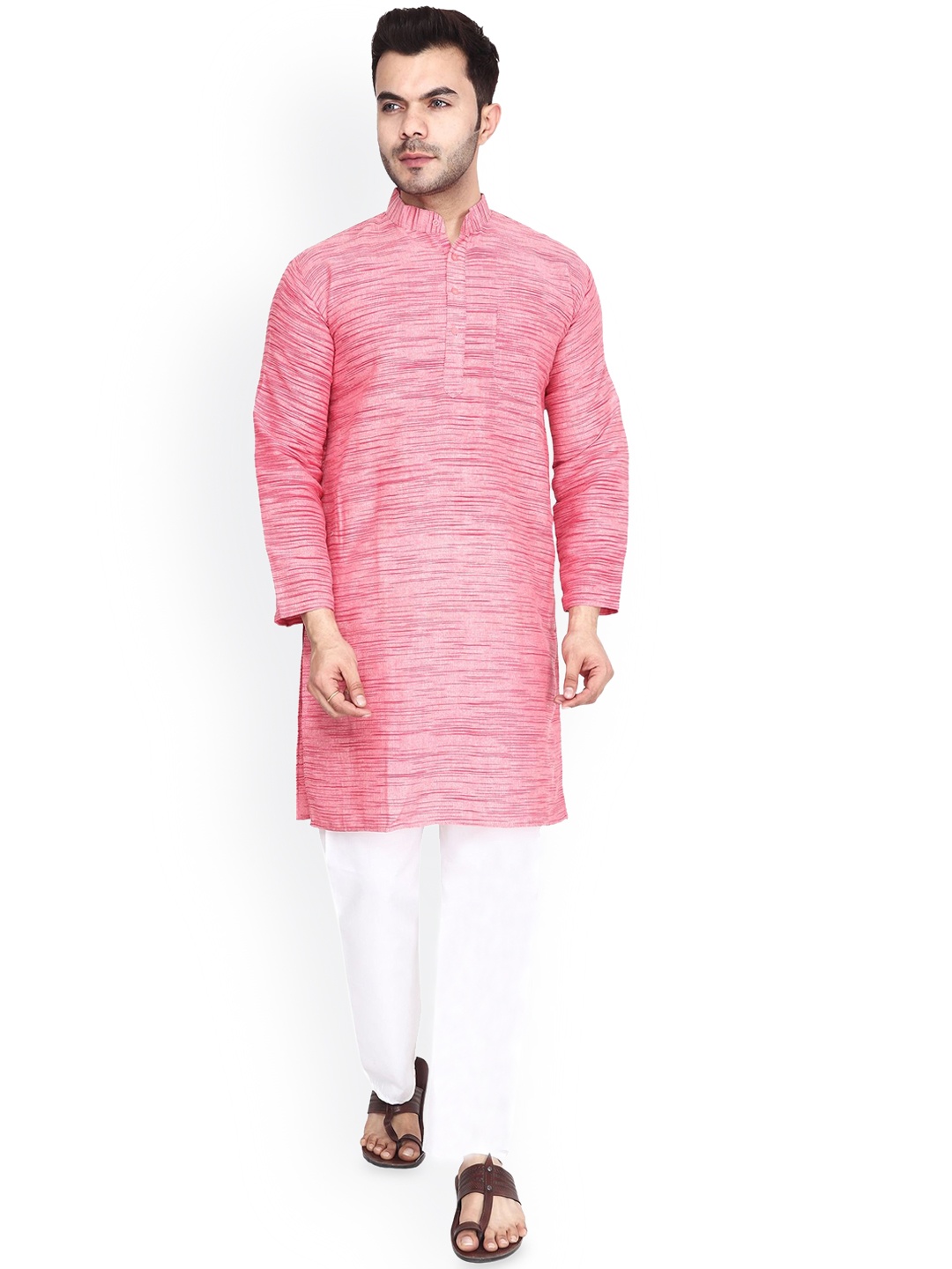 

Aaryavar Flamingo Self Design Mandarin Collar Thread Work Khadhi Cotton Relaxed Kurta, Pink