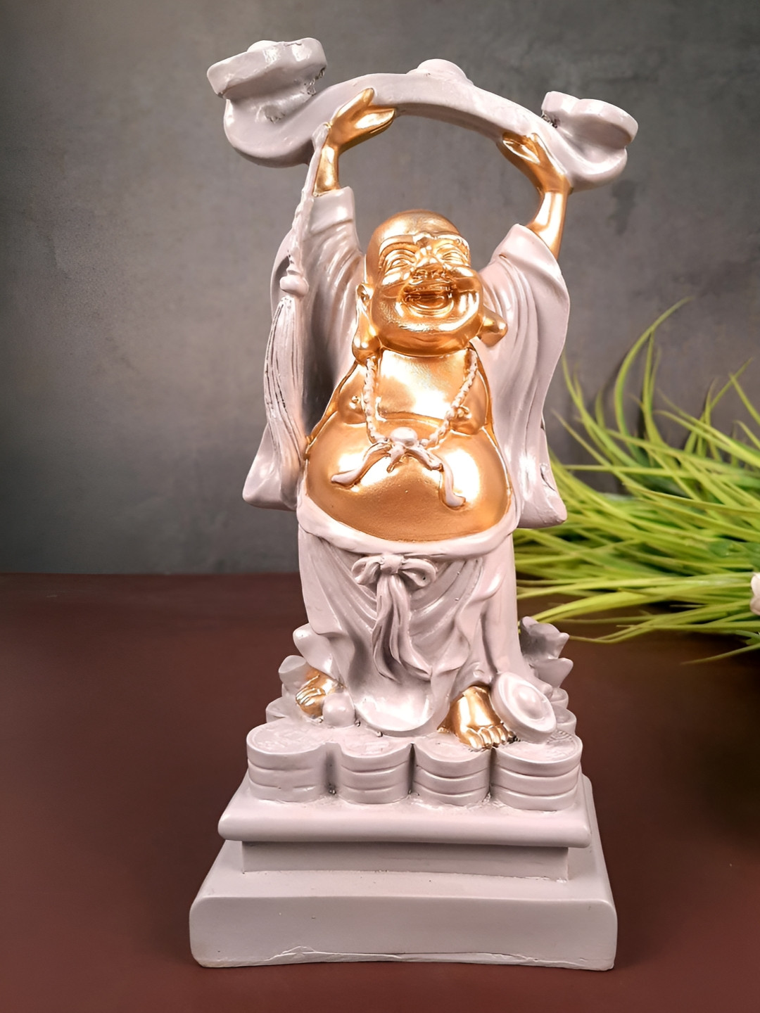 

apka mart Gold-Toned & White Laughing Buddha Figurine Showpiece