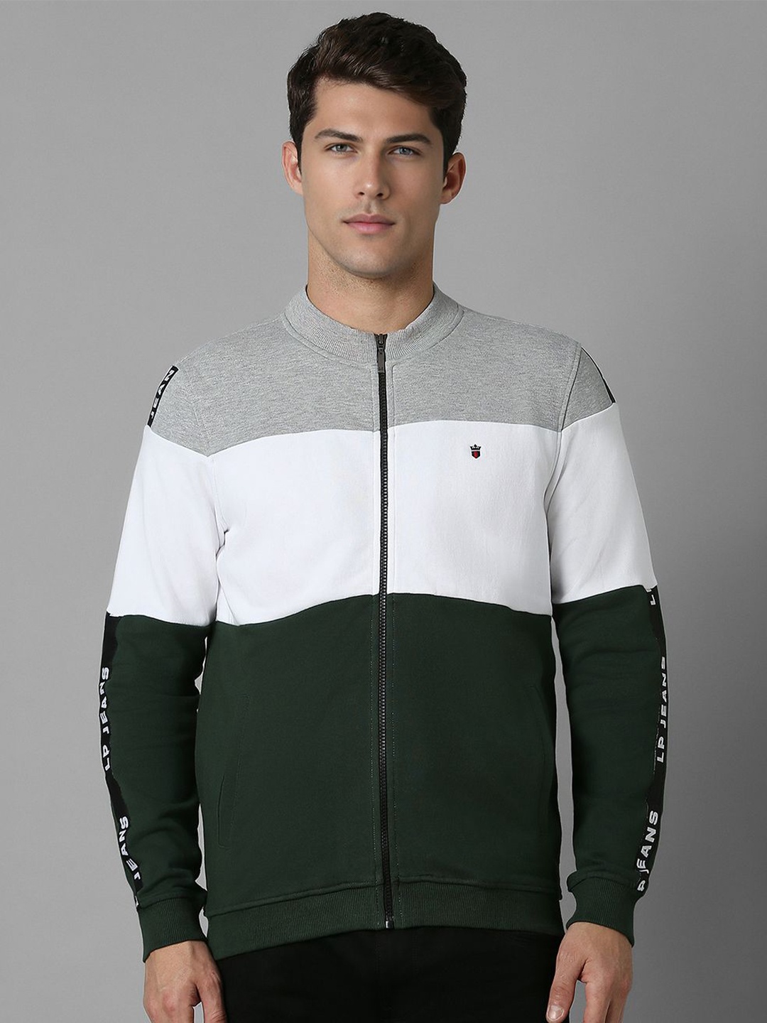 

Louis Philippe Jeans Men Colourblocked Pure Cotton Sweatshirt, Grey