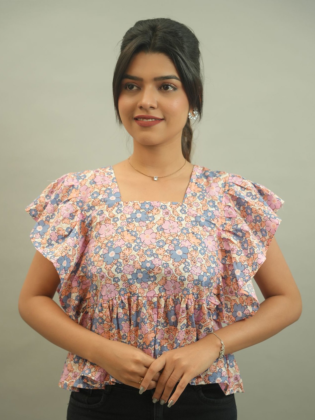 

GO BOUJEE Women Floral Printed Square Neck Cotton Top, Beige