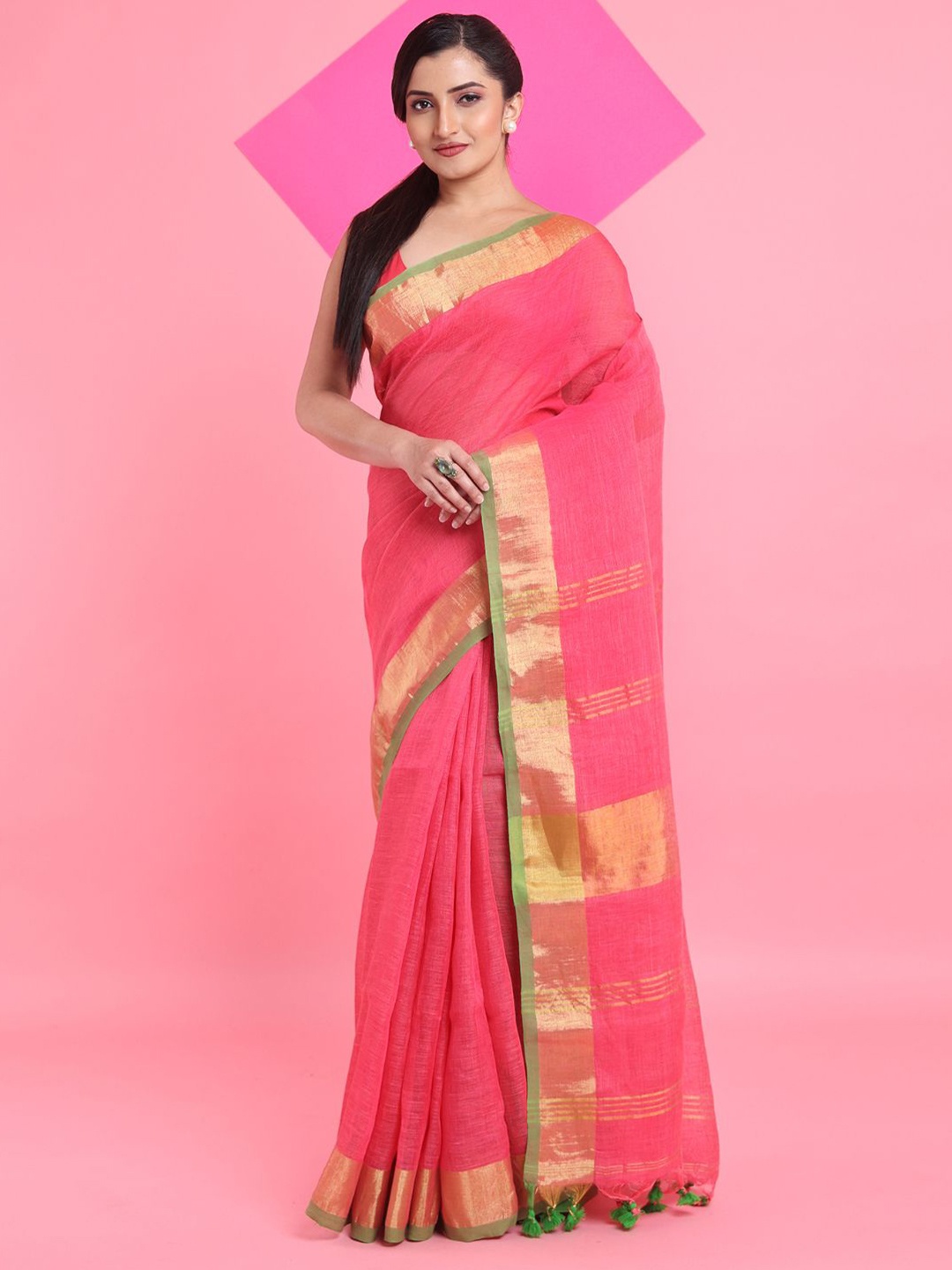 

Arhi Woven Design Pure Linen Saree With Zari Border, Pink