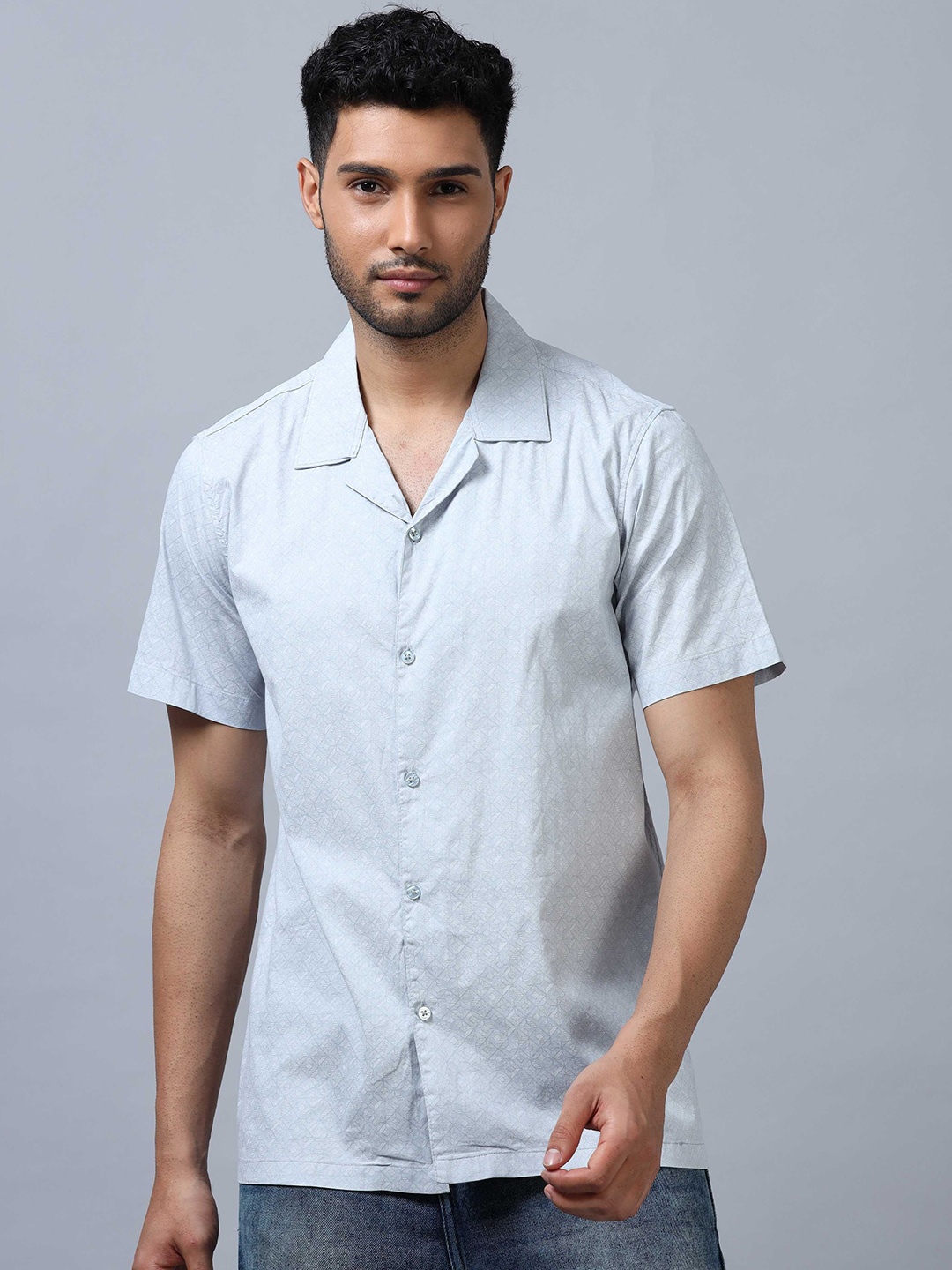 

SORATIA Men Cuban Collar Abstract Printed Cotton Relaxed Fit Casual Shirt, Blue