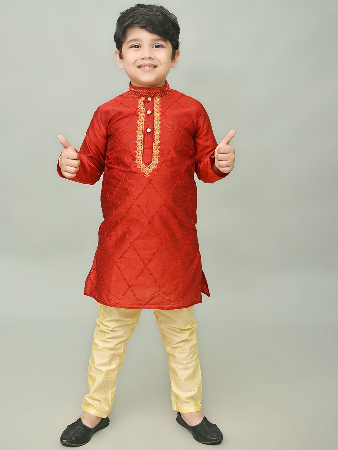 

NFC CREATION Boys Embroidered Thread Work Yoke Design Dupion Silk Kurta With Pyjamas, Maroon