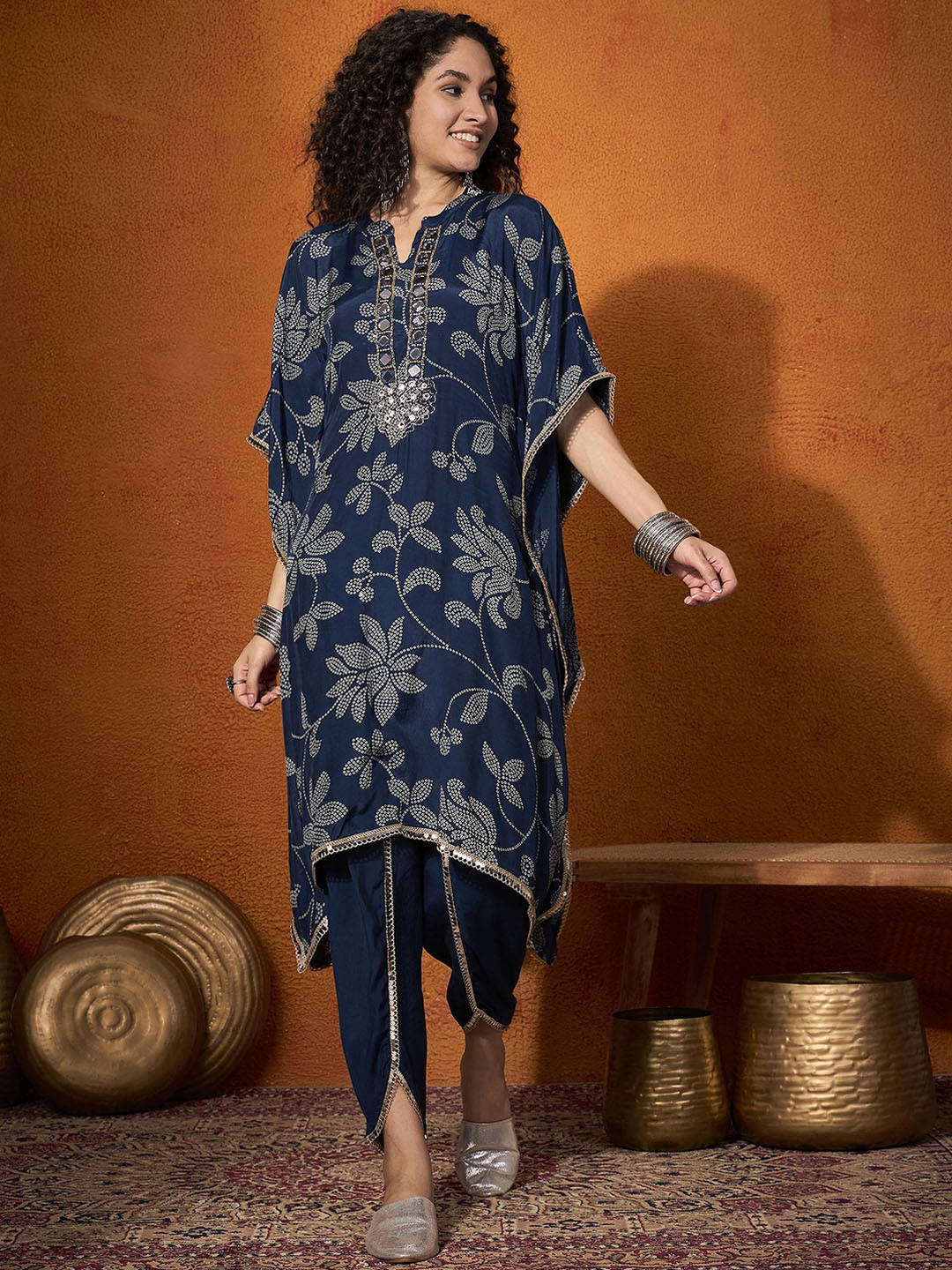 

Sangria Floral Embroidered Regular Mirror Work Kaftan Kurta with Dhoti Pants, Navy blue