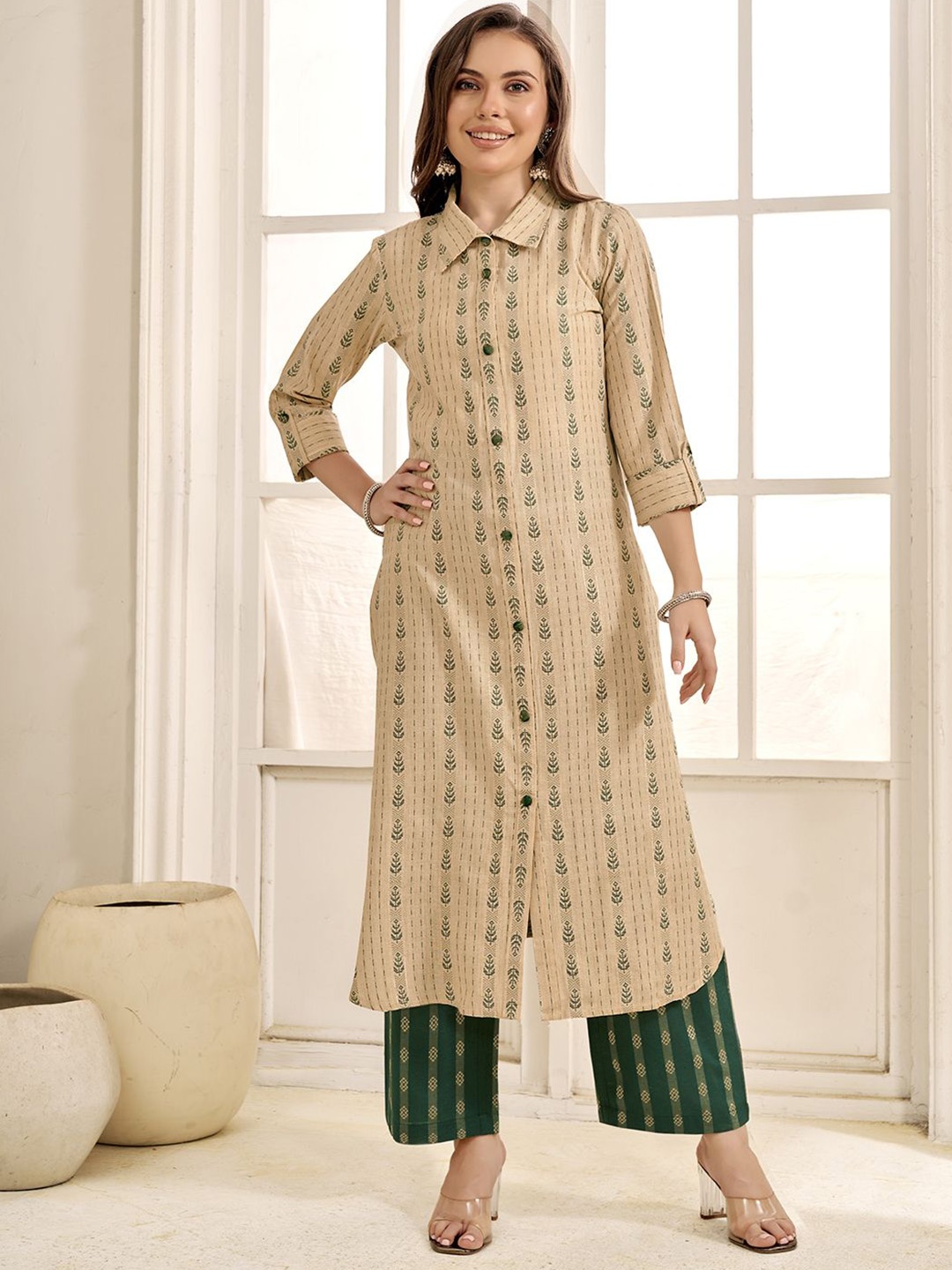 

Anouk Beige Floral Printed Shirt Collar Straight Kurta With Palazzo