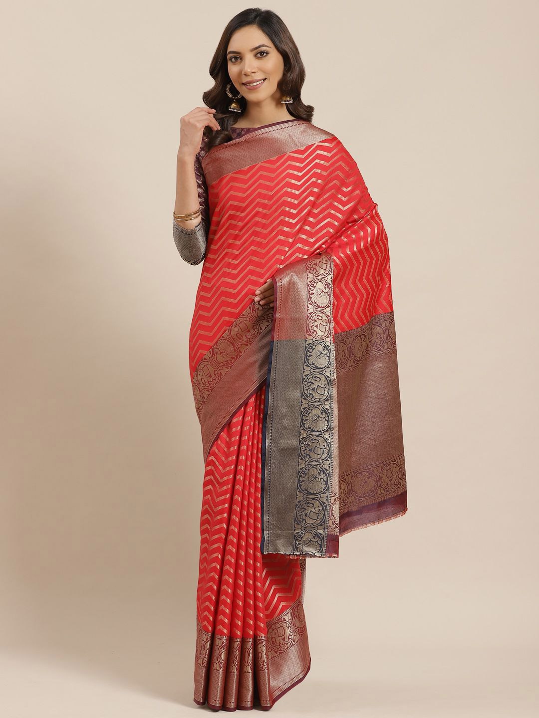 

KIMISHA Striped Zari Silk Blend Banarasi Saree, Red