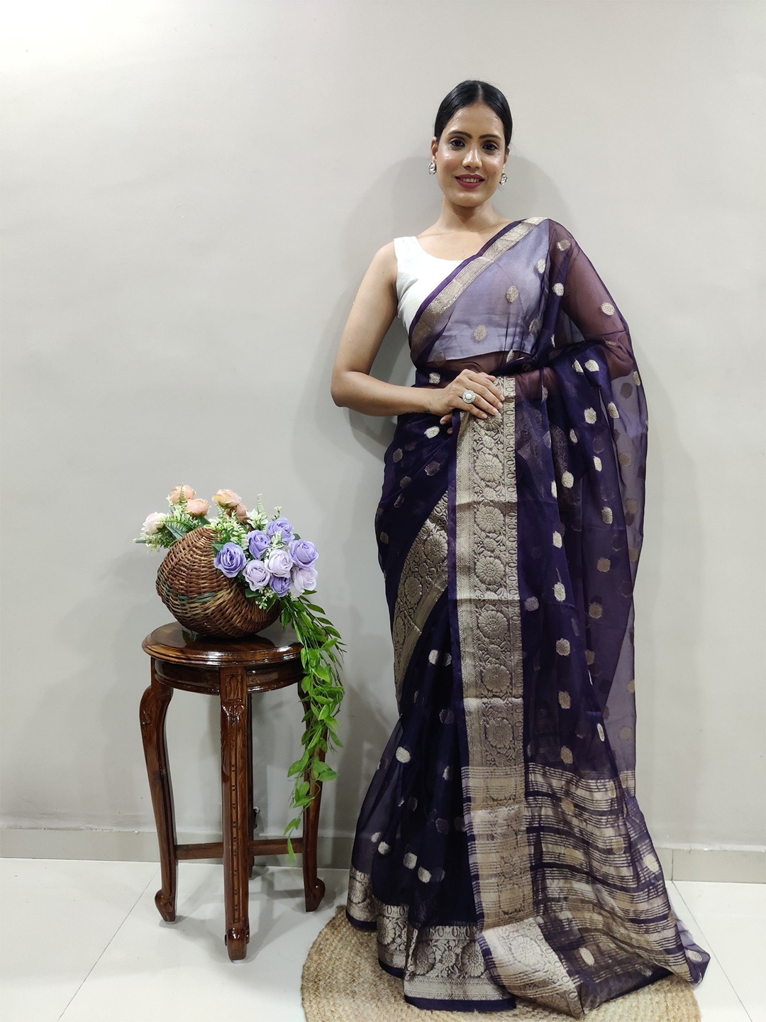 

LeeliPeeri Designer Woven Design Zari Organza Saree, Navy blue