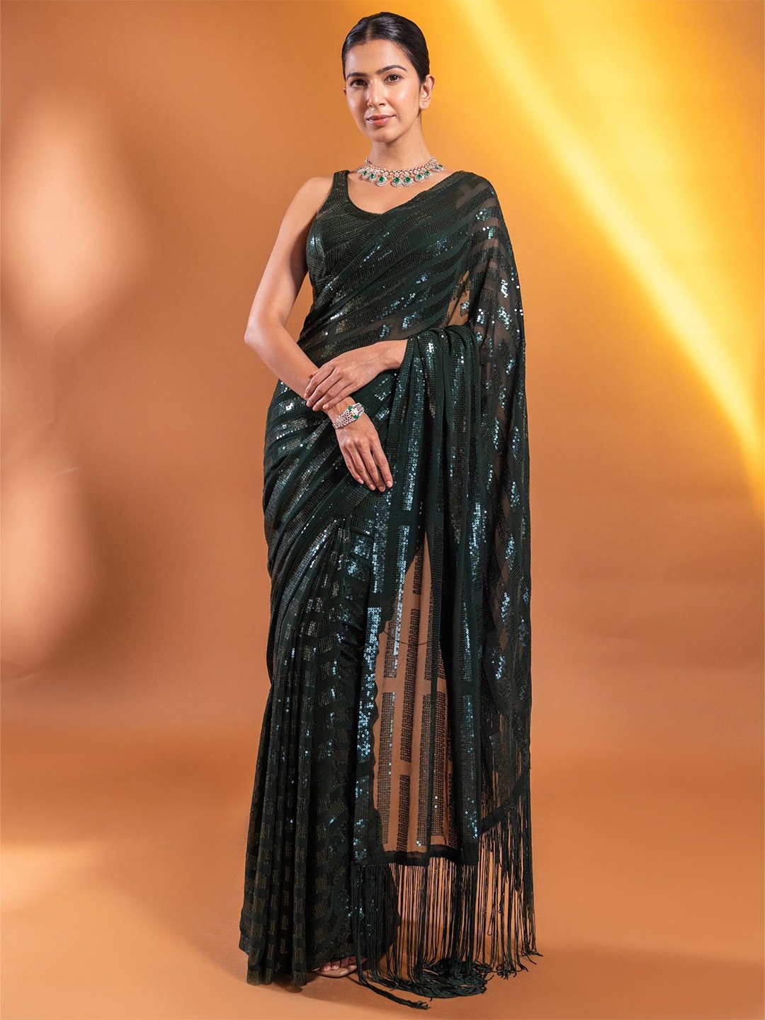 

FABPIXEL Sequined Pure Georgette Embellished saree, Green