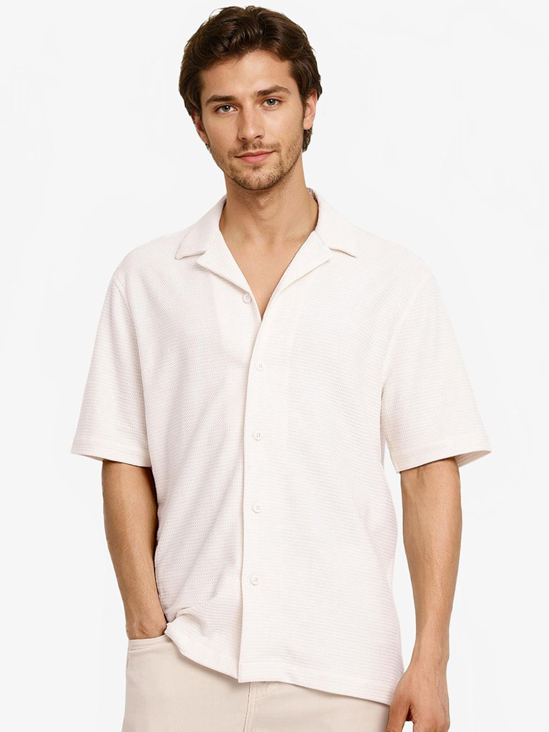 

RARE RABBIT Men Comfort Cuban Collar Solid Cotton Boxy Casual Shirt, Off white