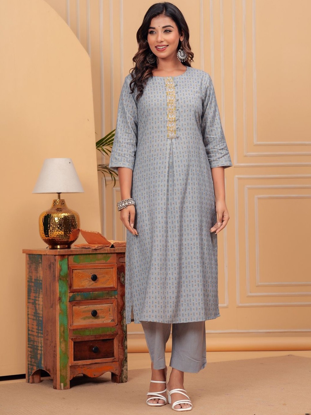

KALINI Ethnic Motifs Printed Thread Work Pure Silk Straight Kurta with Trousers, Grey