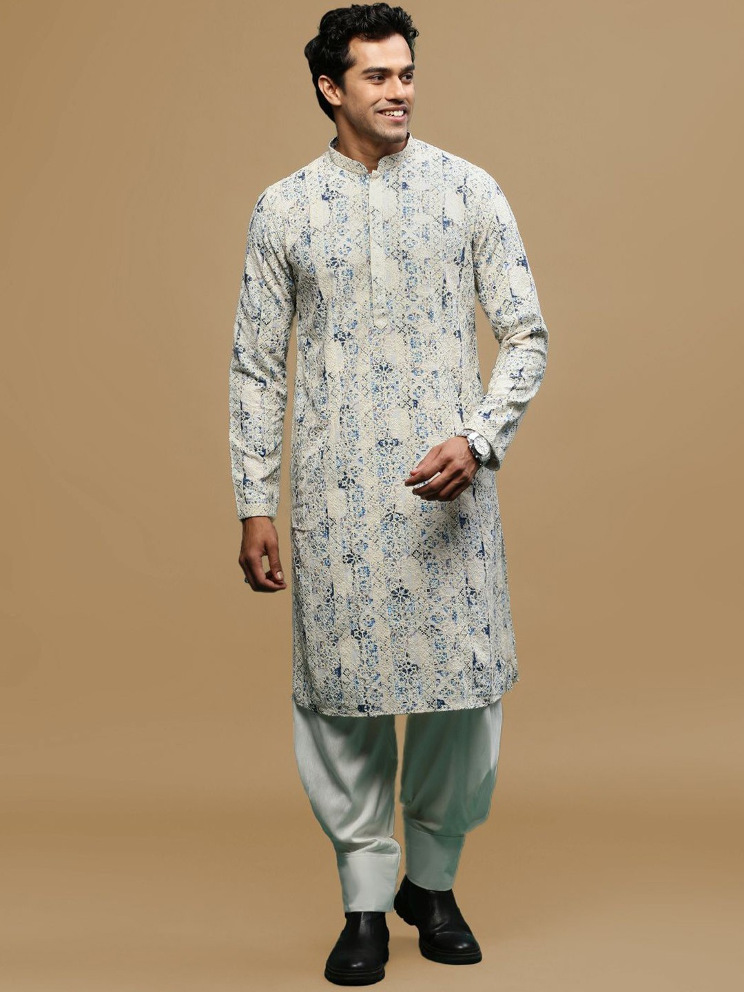 

Sanwara Ethnic Motifs Printed & Embroidered Chikankari Straight Kurta with Patiala, Blue