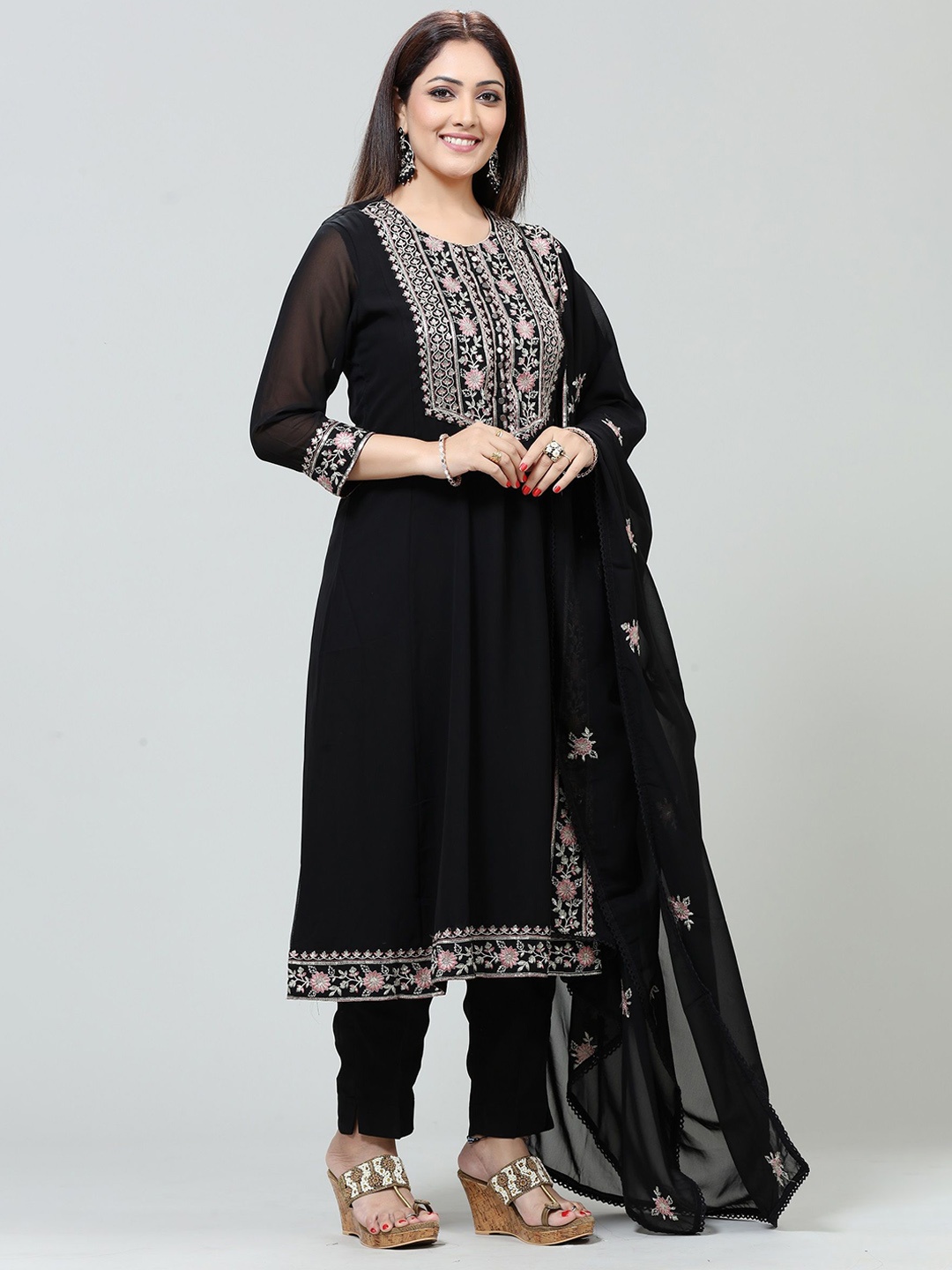 

COTTON CULTURE Floral Embroidered Round Neck Thread Work Kurta with Trouser & Dupatta, Black