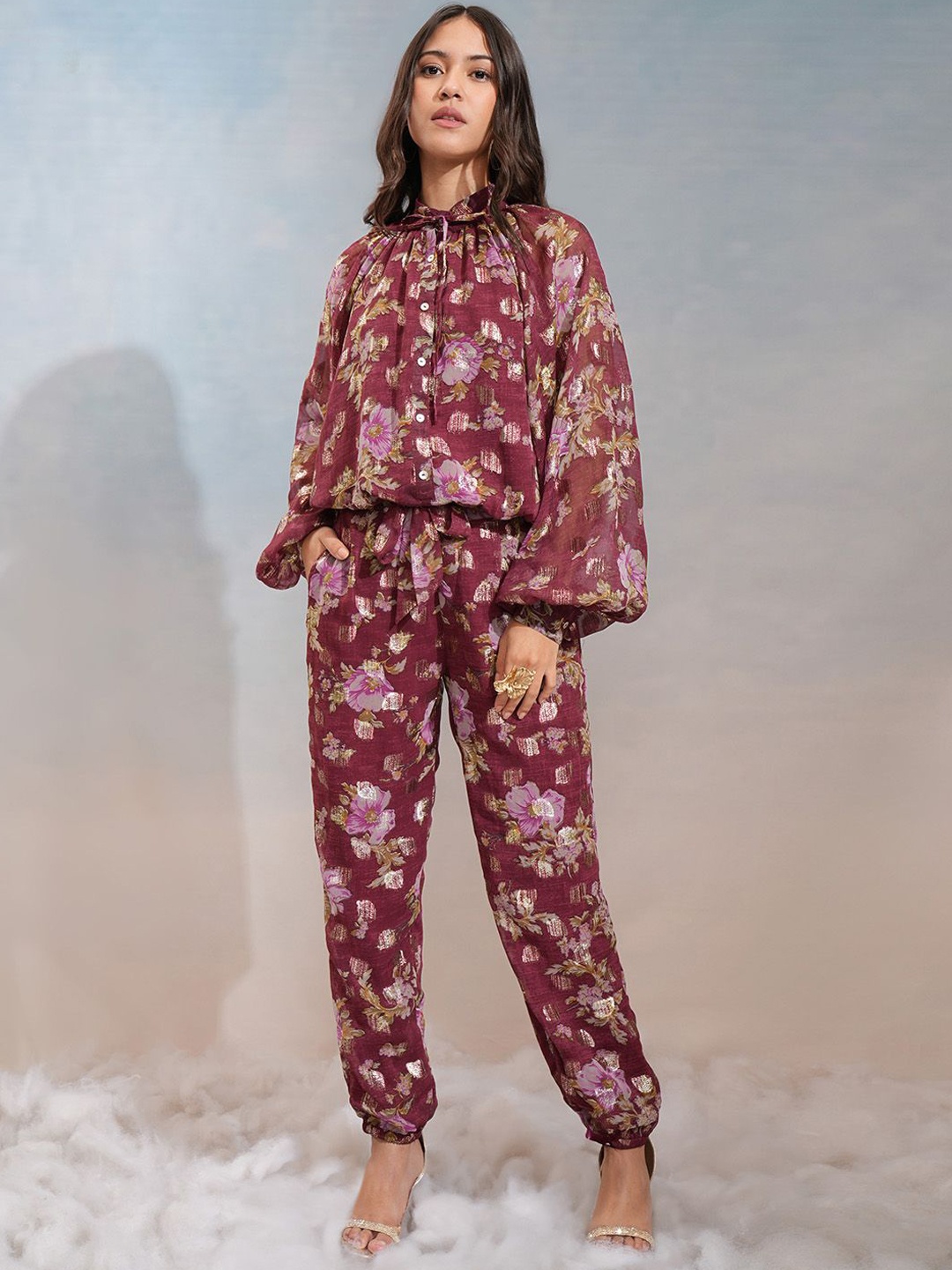 

Vishudh Floral Printed Tie-Up Neck Top With Joggers, Maroon