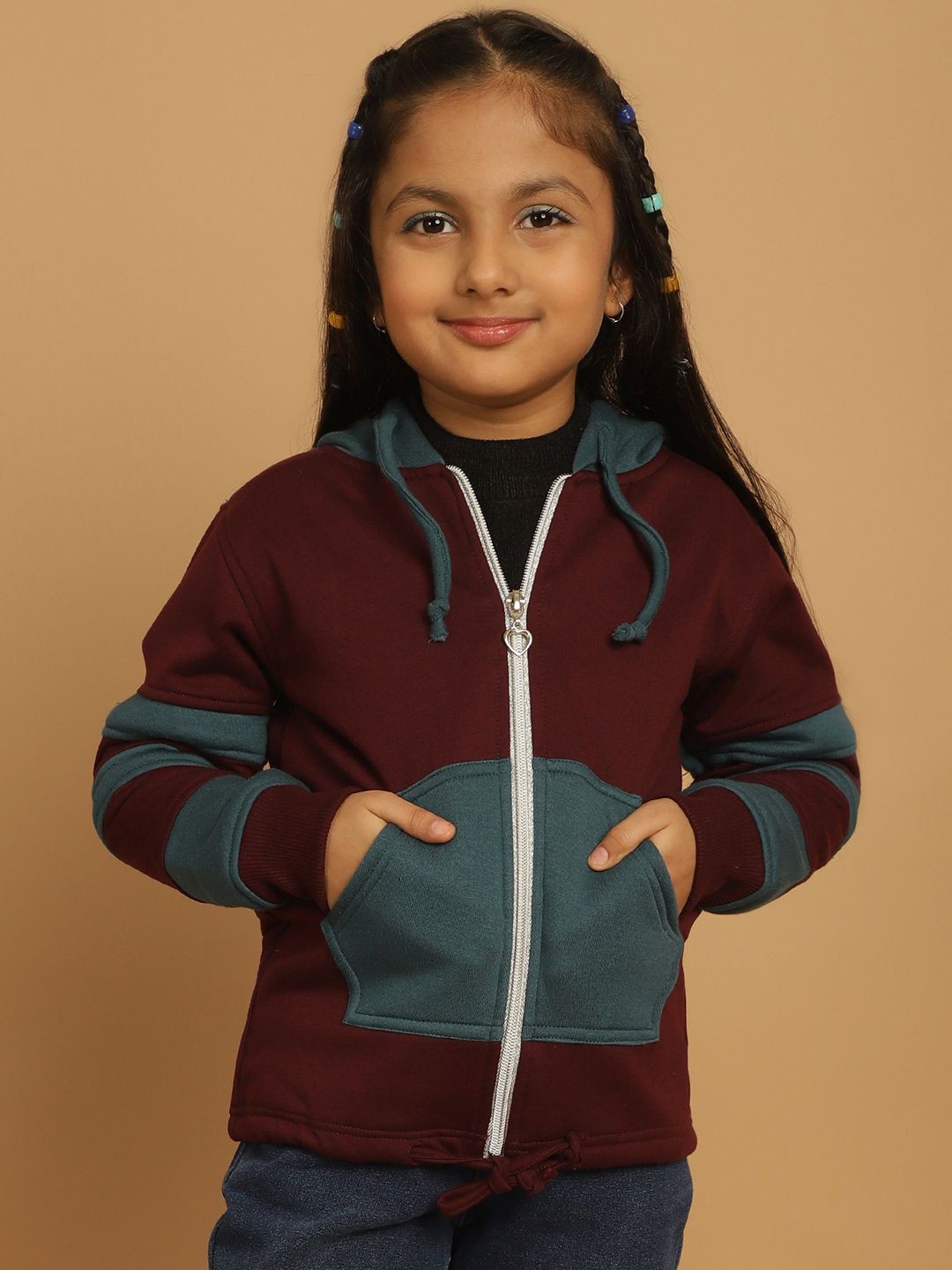 

MINI & MING Girls Colourblocked Hooded Sweatshirt, Maroon