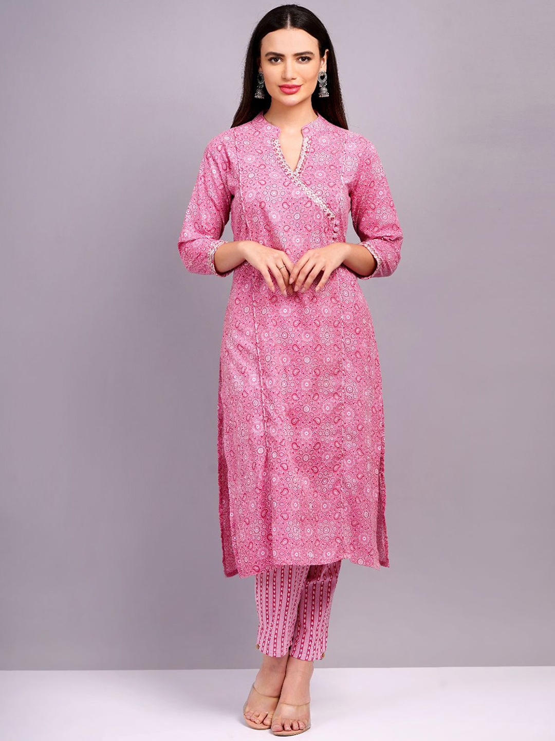 

KALINI Floral Printed Angrakha Mirror Worked Pure Cotton Kurta with Trousers & Dupatta, Pink