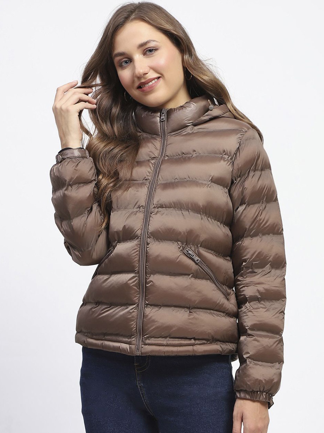 

Madame Women Hooded Solid Padded Jacket, Brown