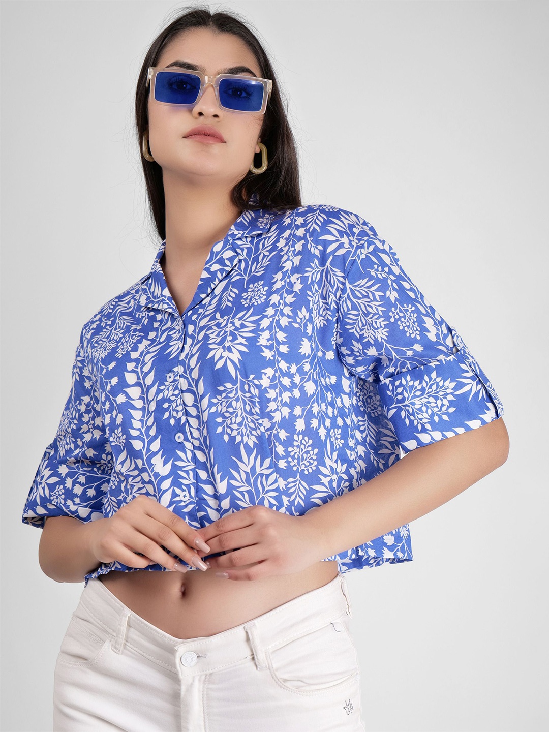 

Street22 Women Tropical Printed Cuban Collar Cotton Top, Blue