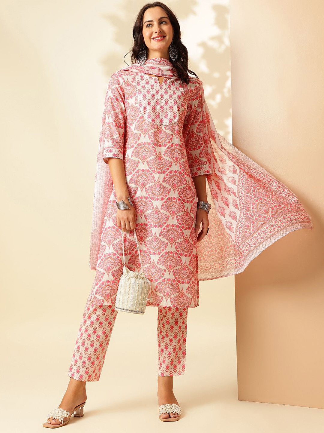 

Anouk Floral Printed Regular Pure Cotton Kurta With Trousers & Dupatta, Pink