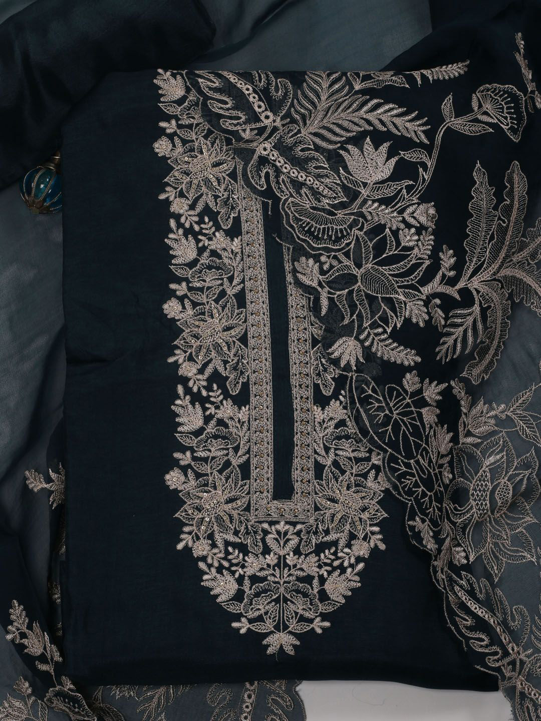 

Meena Bazaar Embroidered Thread Work Unstitched Dress Material, Navy blue